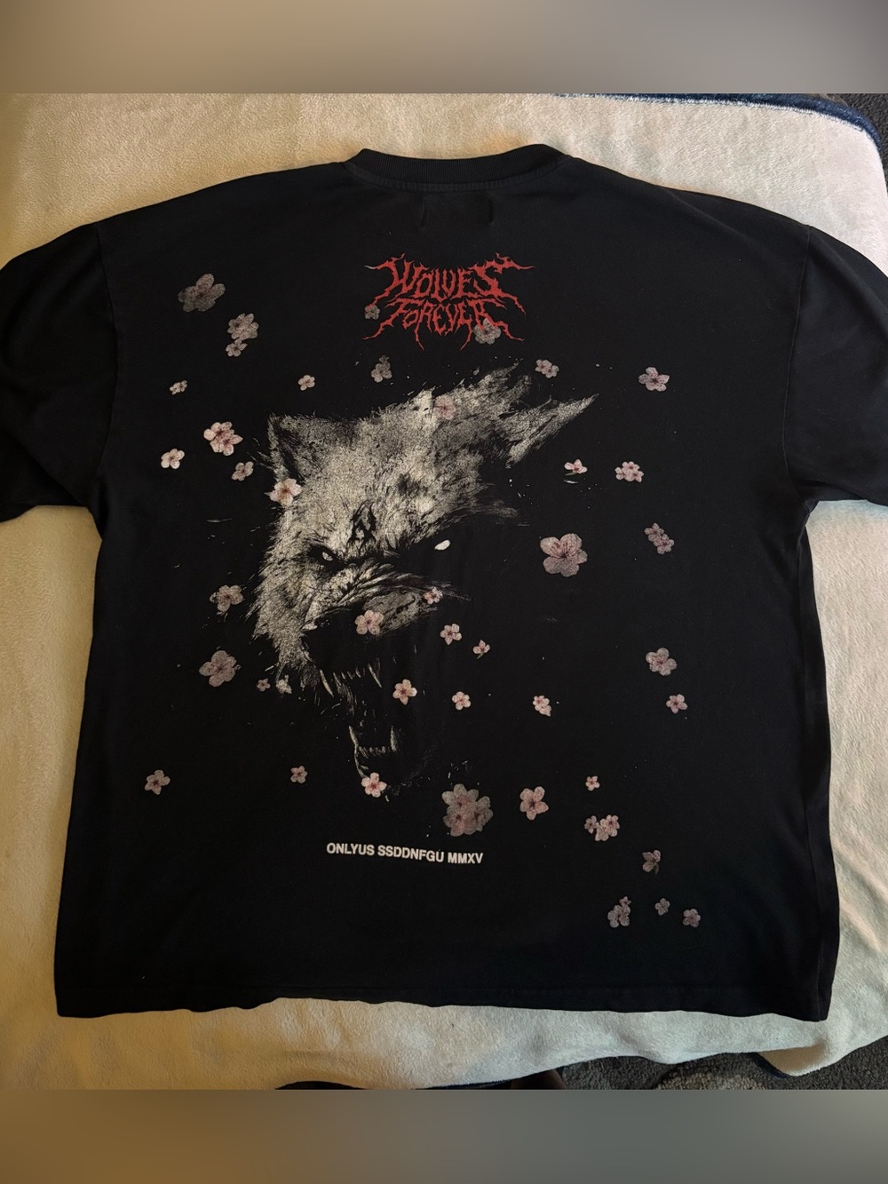 Wolves Forever Black Graphic Tee with Wolf & Cherry Blossom Print. Lightly worn